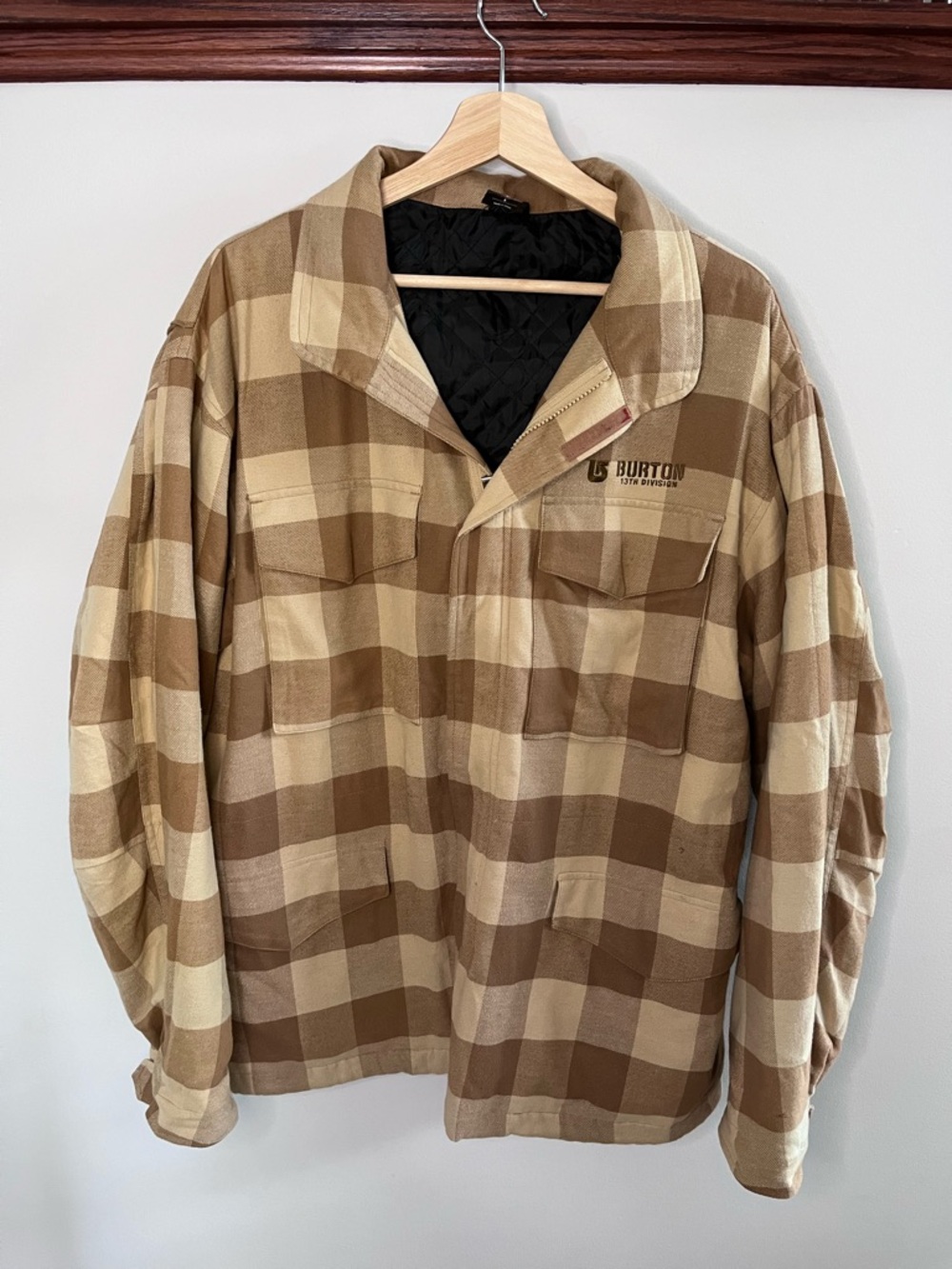 Burton 13th Division Mens Plaid Flannel Field Jacket Hidden Hood Tan Brown L